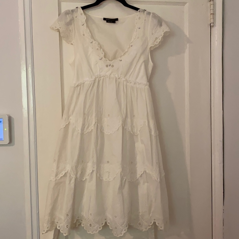 White BCBG scalloped trim dress